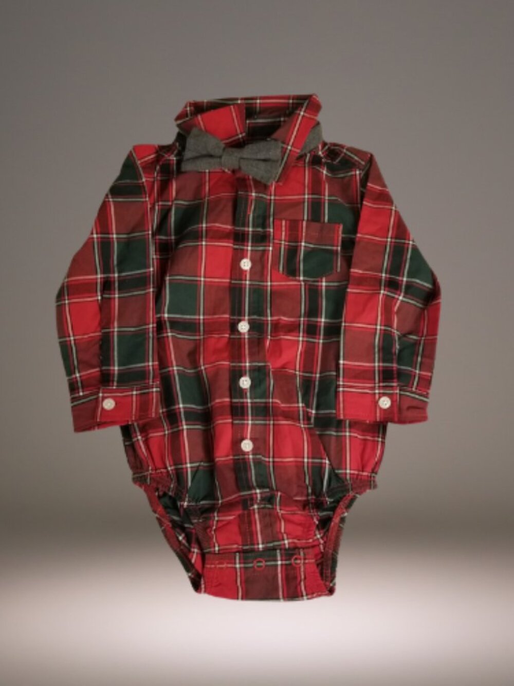 Carters Baby 12M Red Green Plaid Bow Tie Button Down Bodysuit NWT